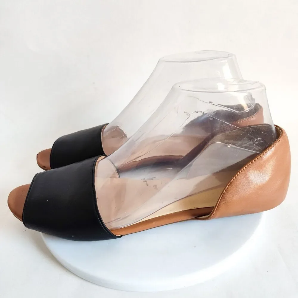 Nine West Tan Black Faux Leather Open Toe Slip On D'Orsay Flats Size 8M‎ Vegan